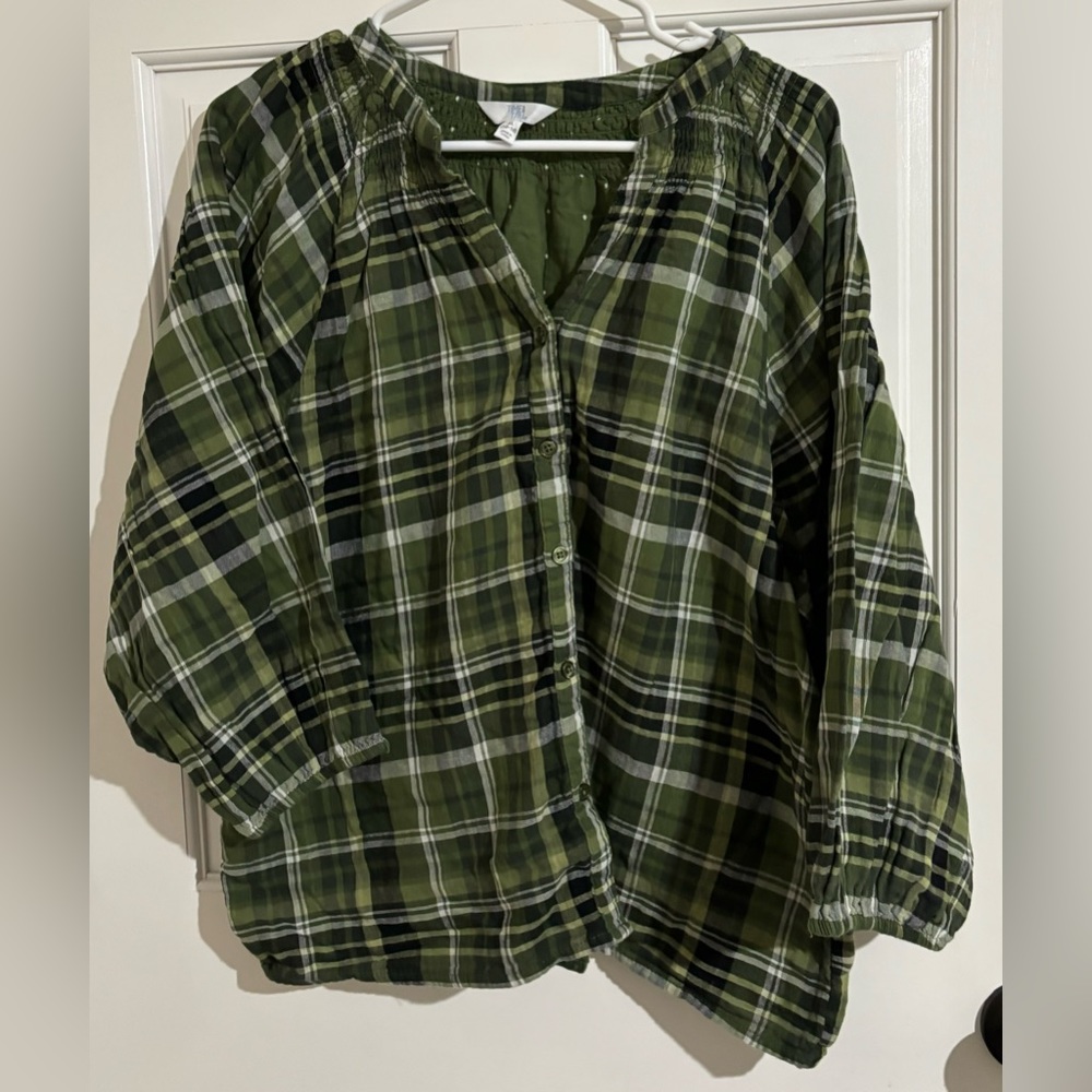 Time and Tru green plaid flannel, size 14,